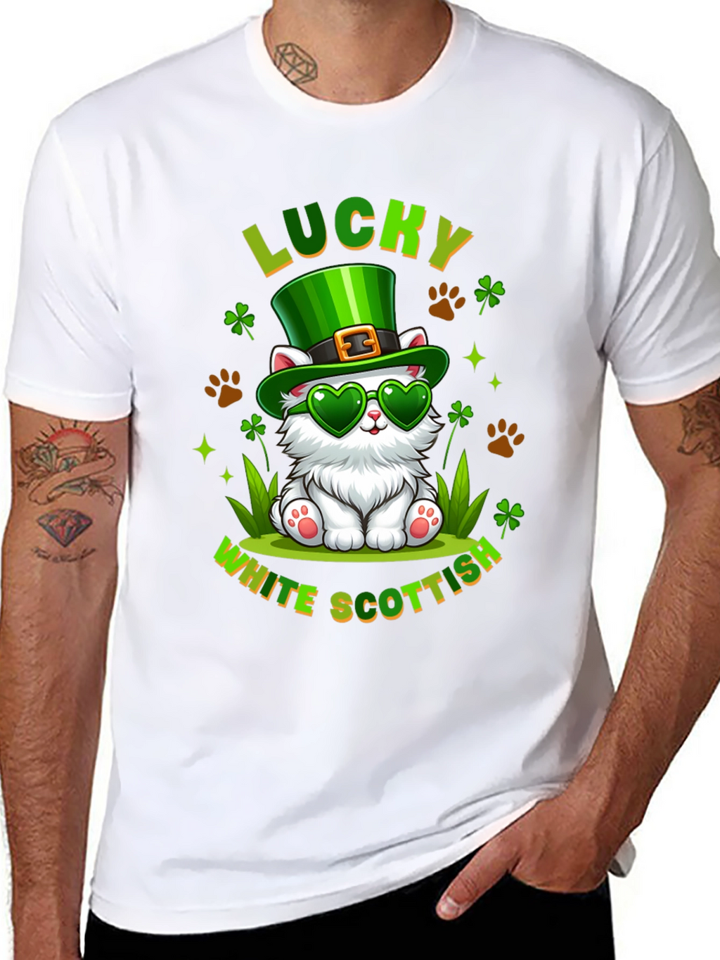 Lucky White Scottish Cat St. Patricks Day T-Shirt