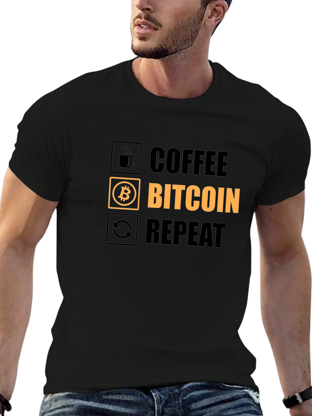 Coffee Bitcoin Repeat Graphic Tee - Crypto T-Shirt