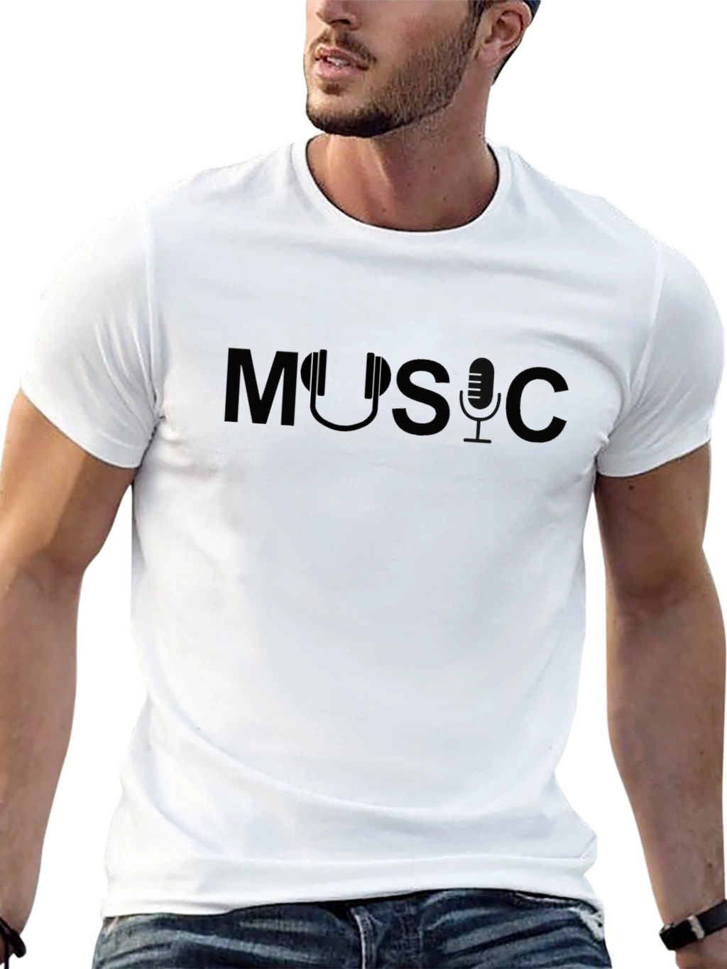 Music T-Shirt with Headphone Design - Black