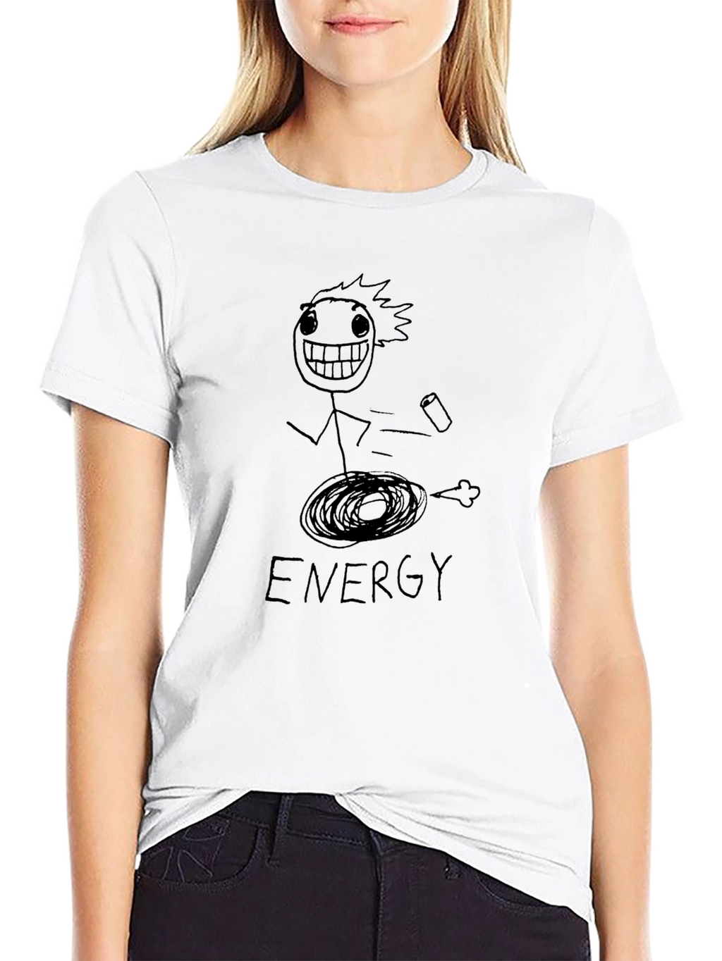Humorous Energy Stick Figure Graphic Tee - Black