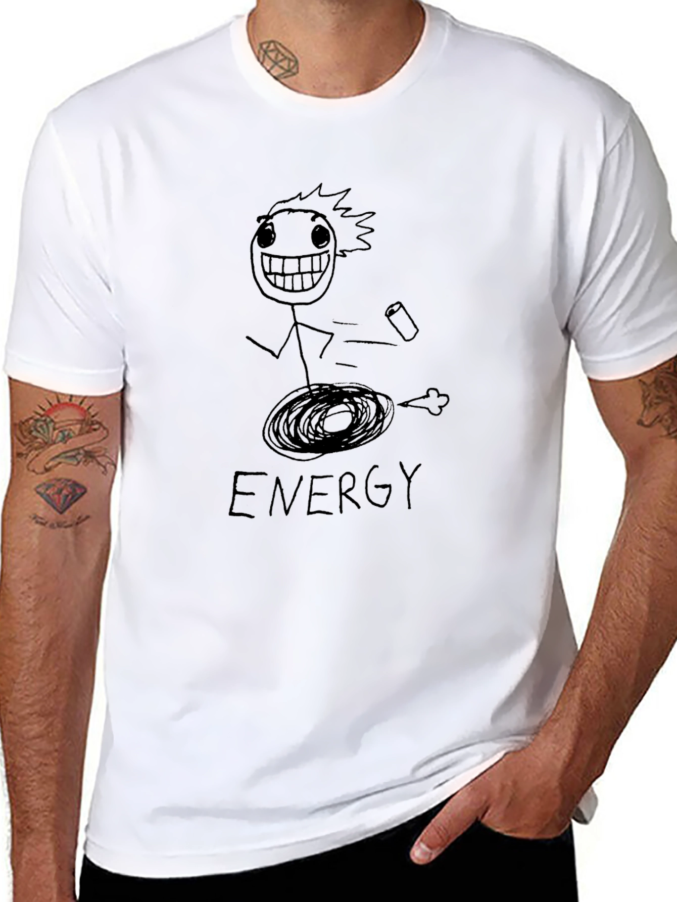Humorous Energy Stick Figure Graphic Tee - Black