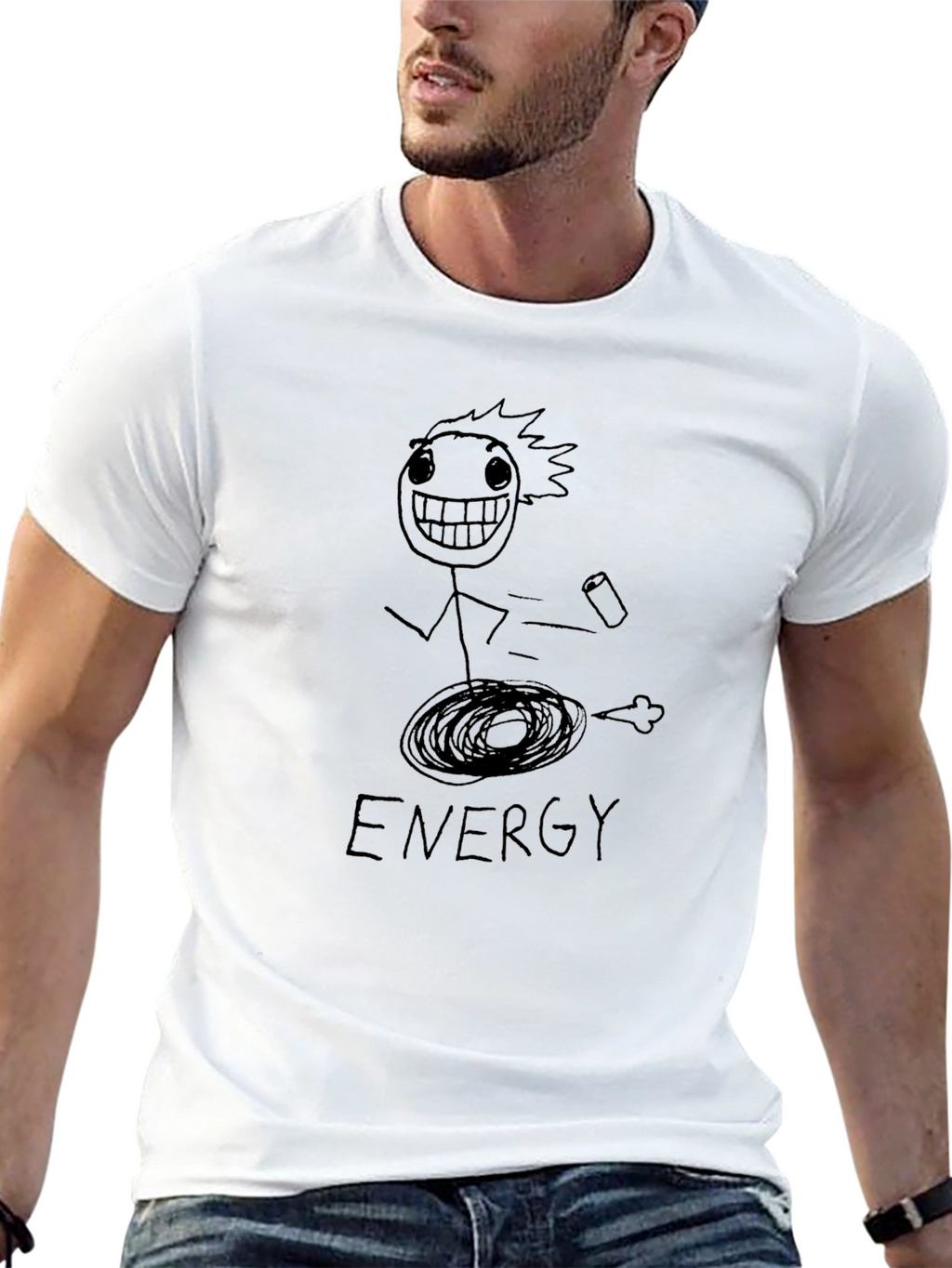 Humorous Energy Stick Figure Graphic Tee - Black