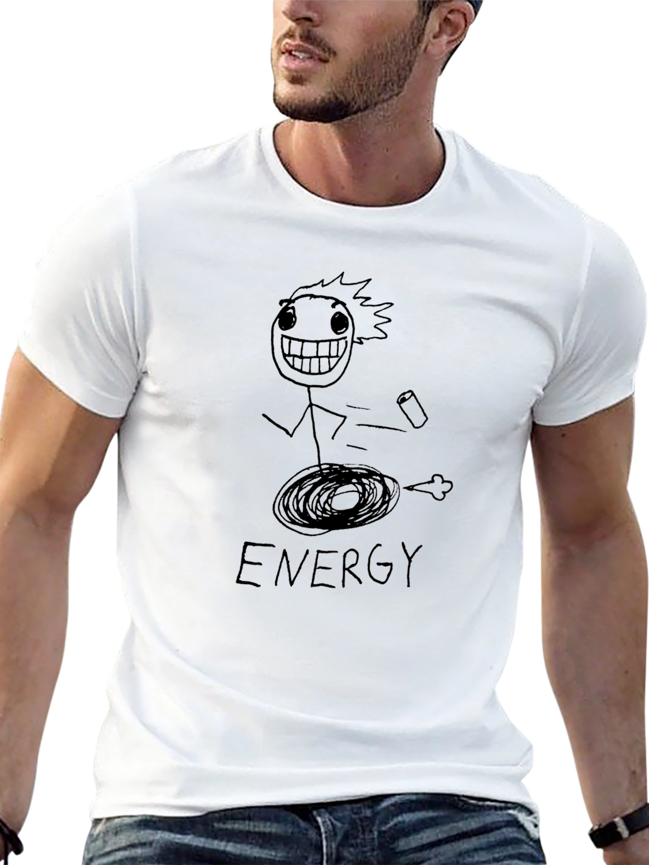 Humorous Energy Stick Figure Graphic Tee - Black