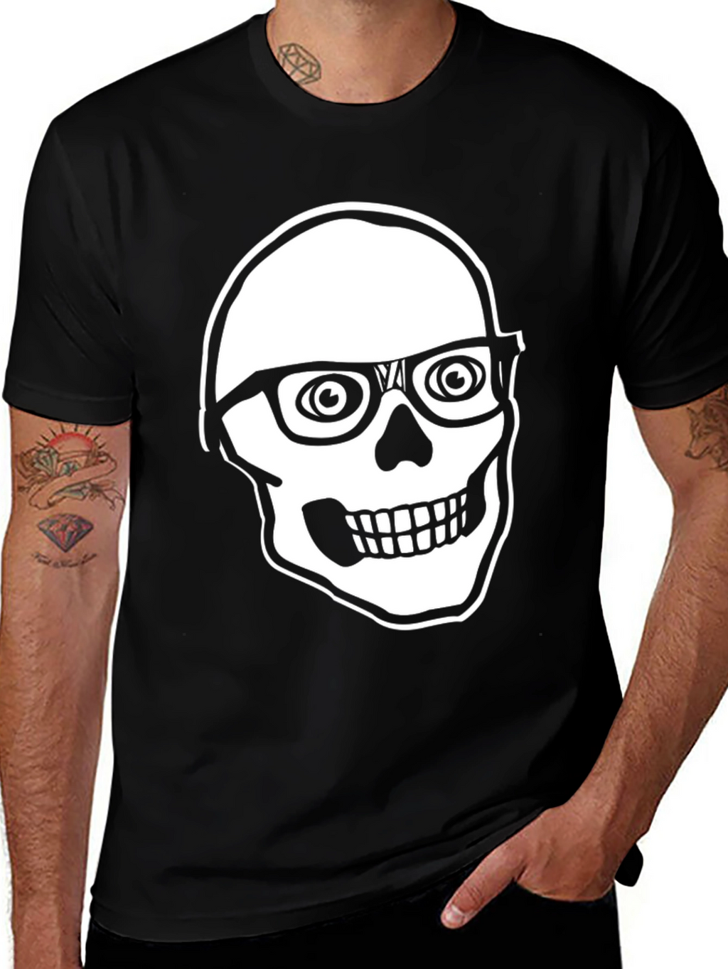 Skull with Glasses Graphic Tee - Black Cotton T-Shirt
