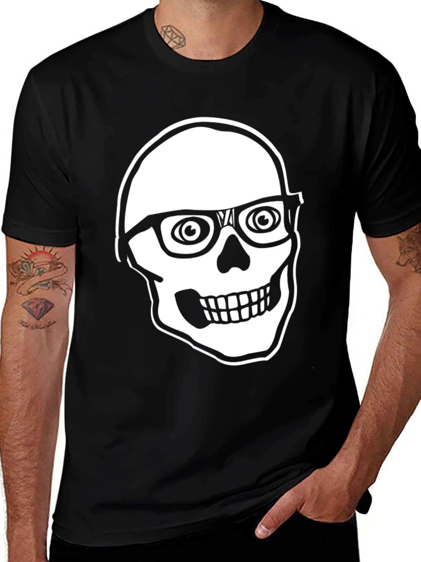 Skull with Glasses Graphic Tee - Black Cotton T-Shirt