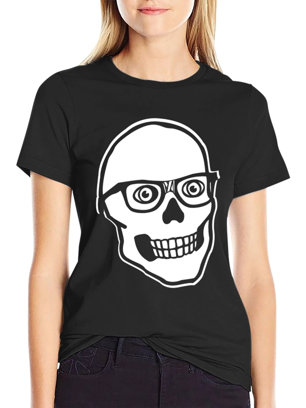 Skull with Glasses Graphic Tee - Black Cotton T-Shirt