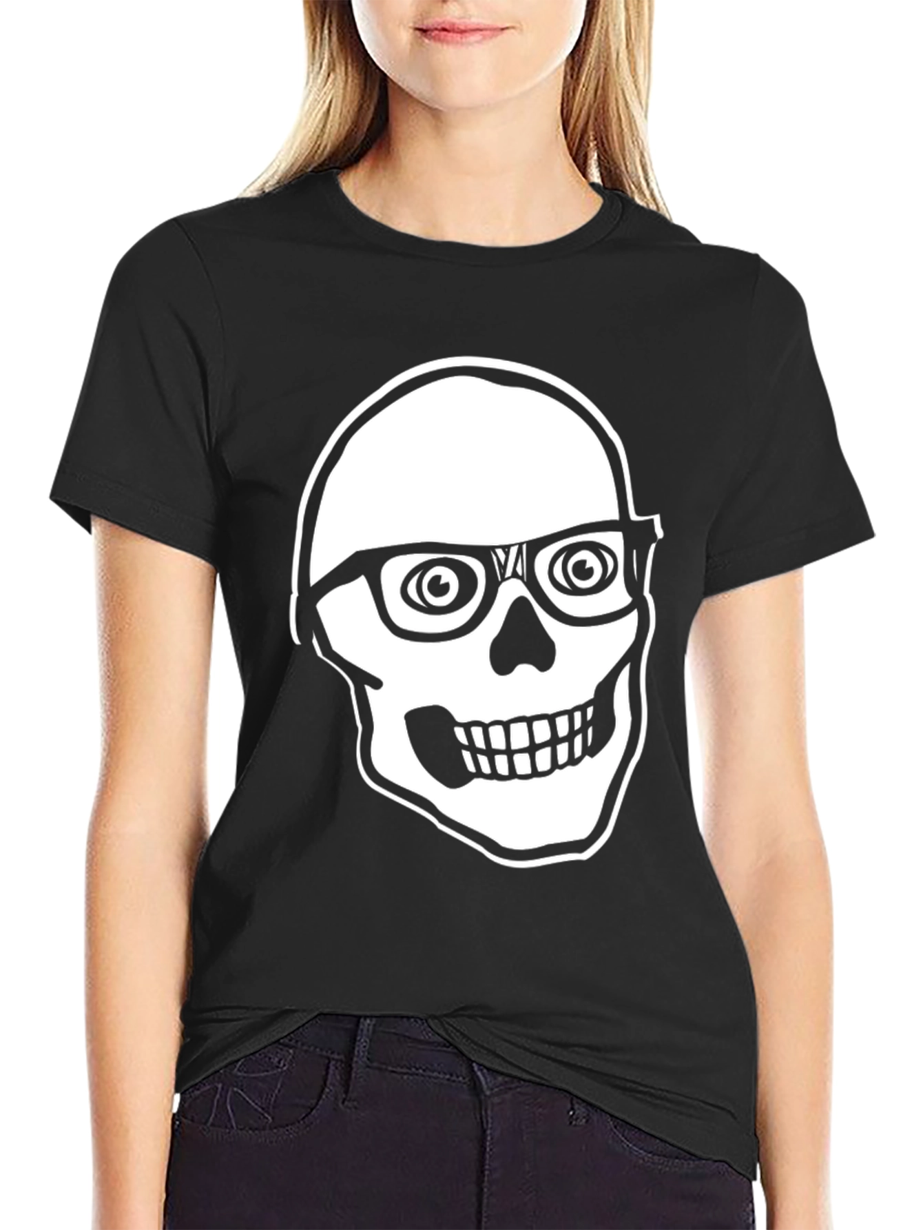 Skull with Glasses Graphic Tee - Black Cotton T-Shirt