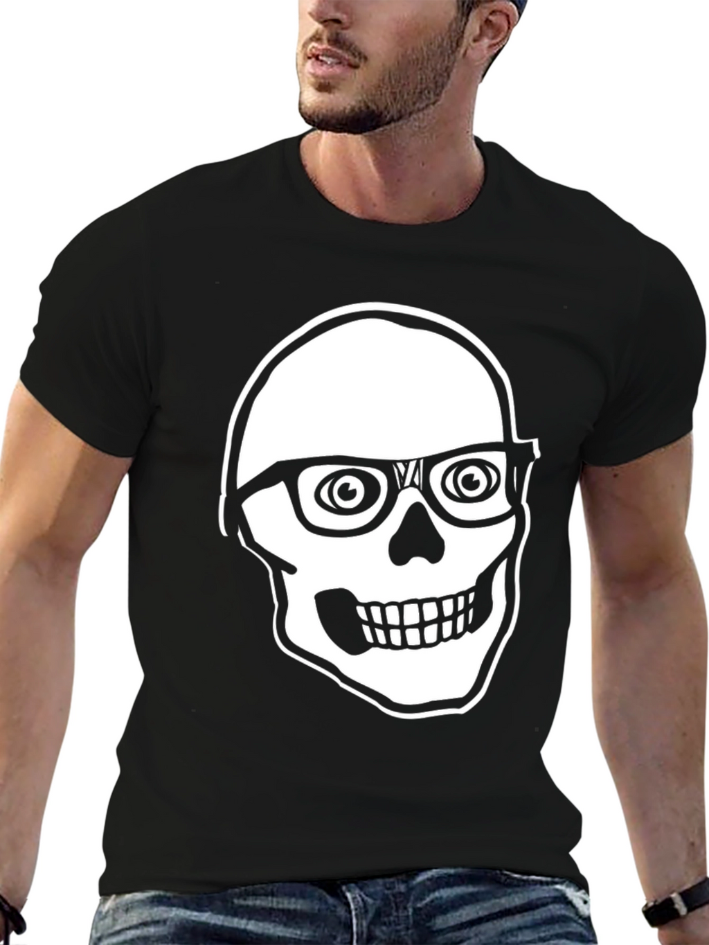Skull with Glasses Graphic Tee - Black Cotton T-Shirt