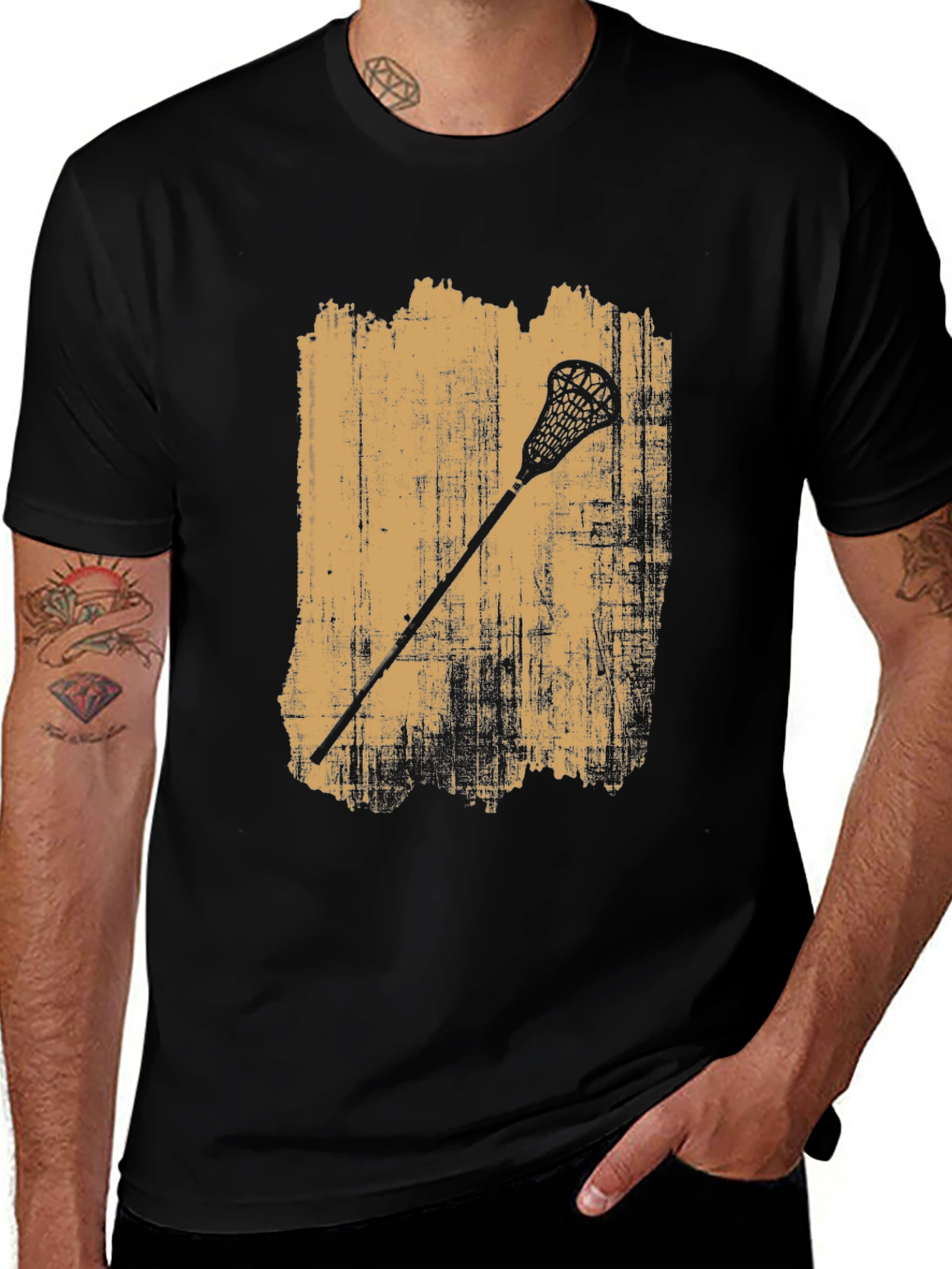Lacrosse Stick Graphic Tee - Vintage Style Black T-Shirt