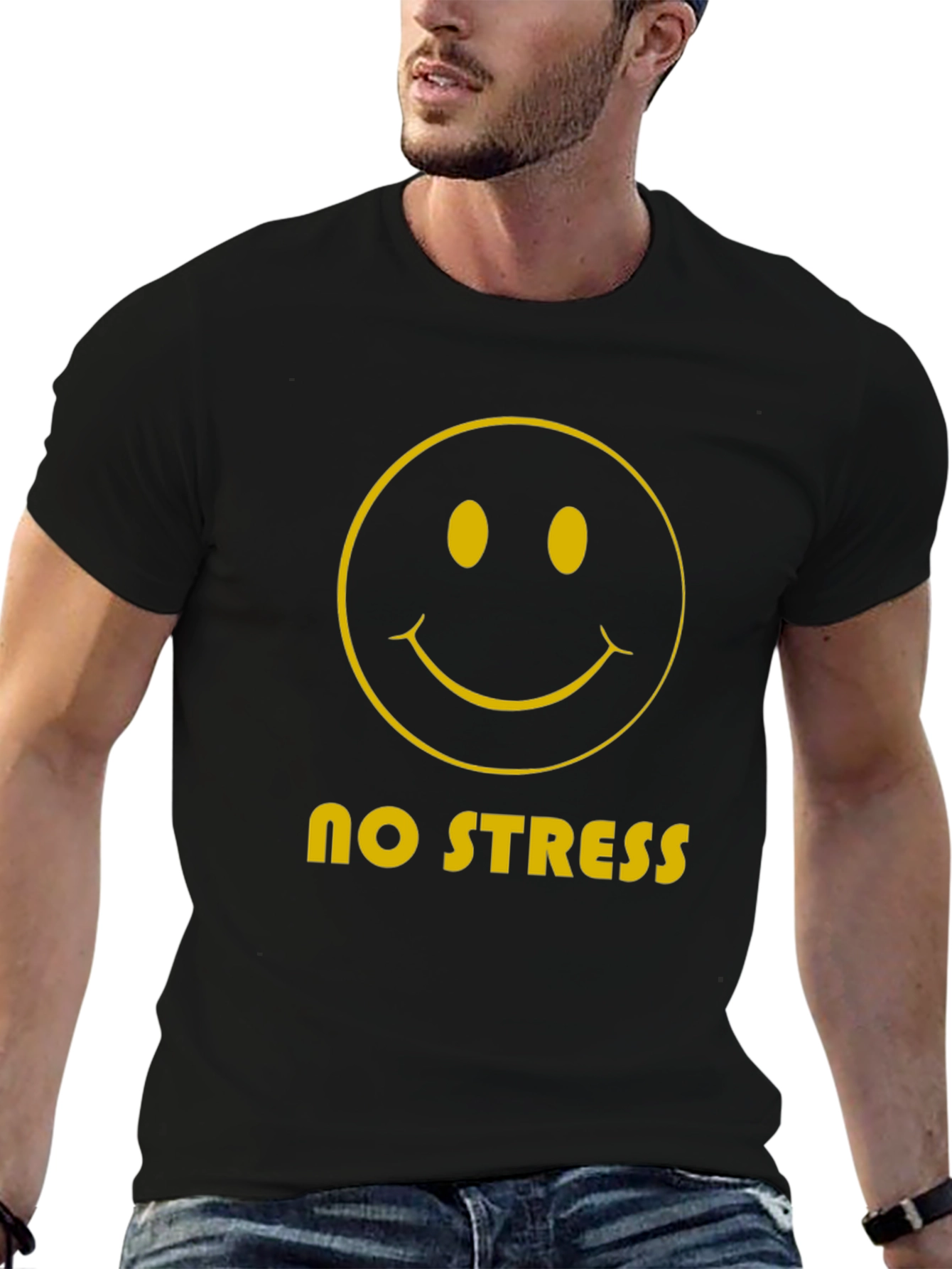 No Stress Smiley Face Graphic Tee - Black