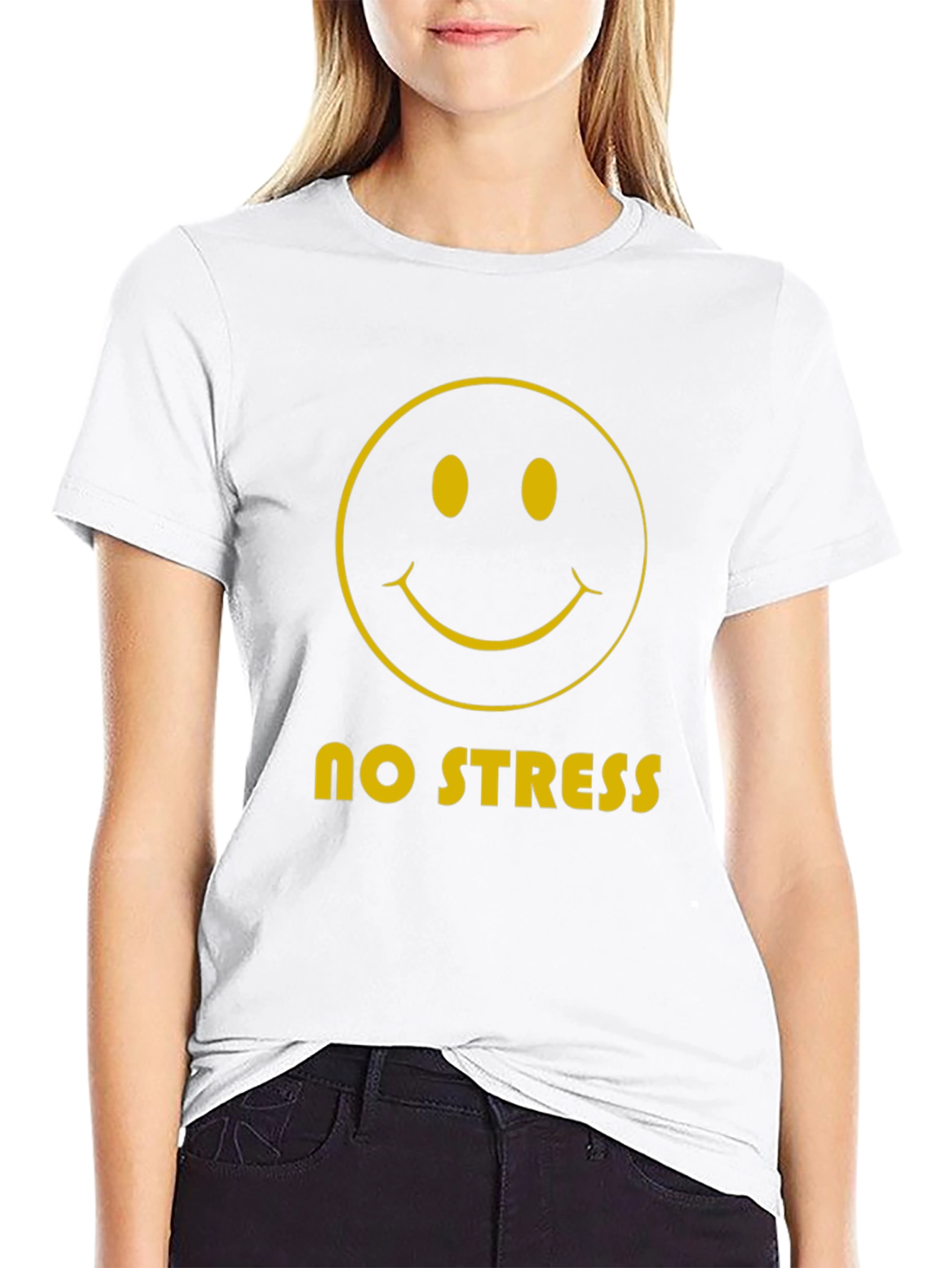 No Stress Smiley Face Graphic Tee - Black