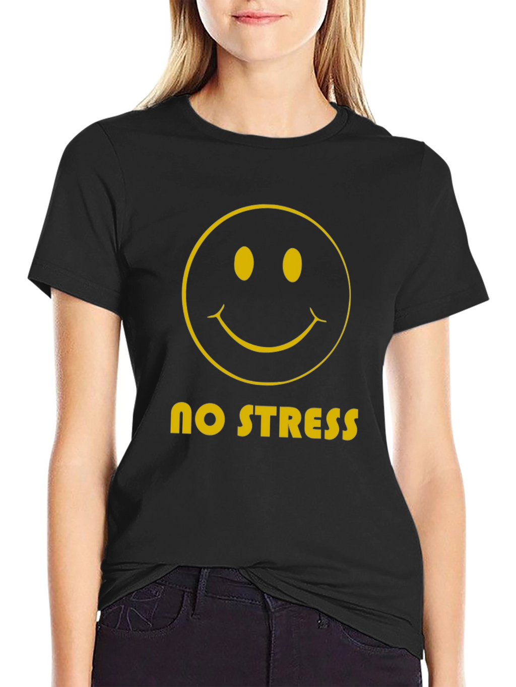 No Stress Smiley Face Graphic Tee - Black