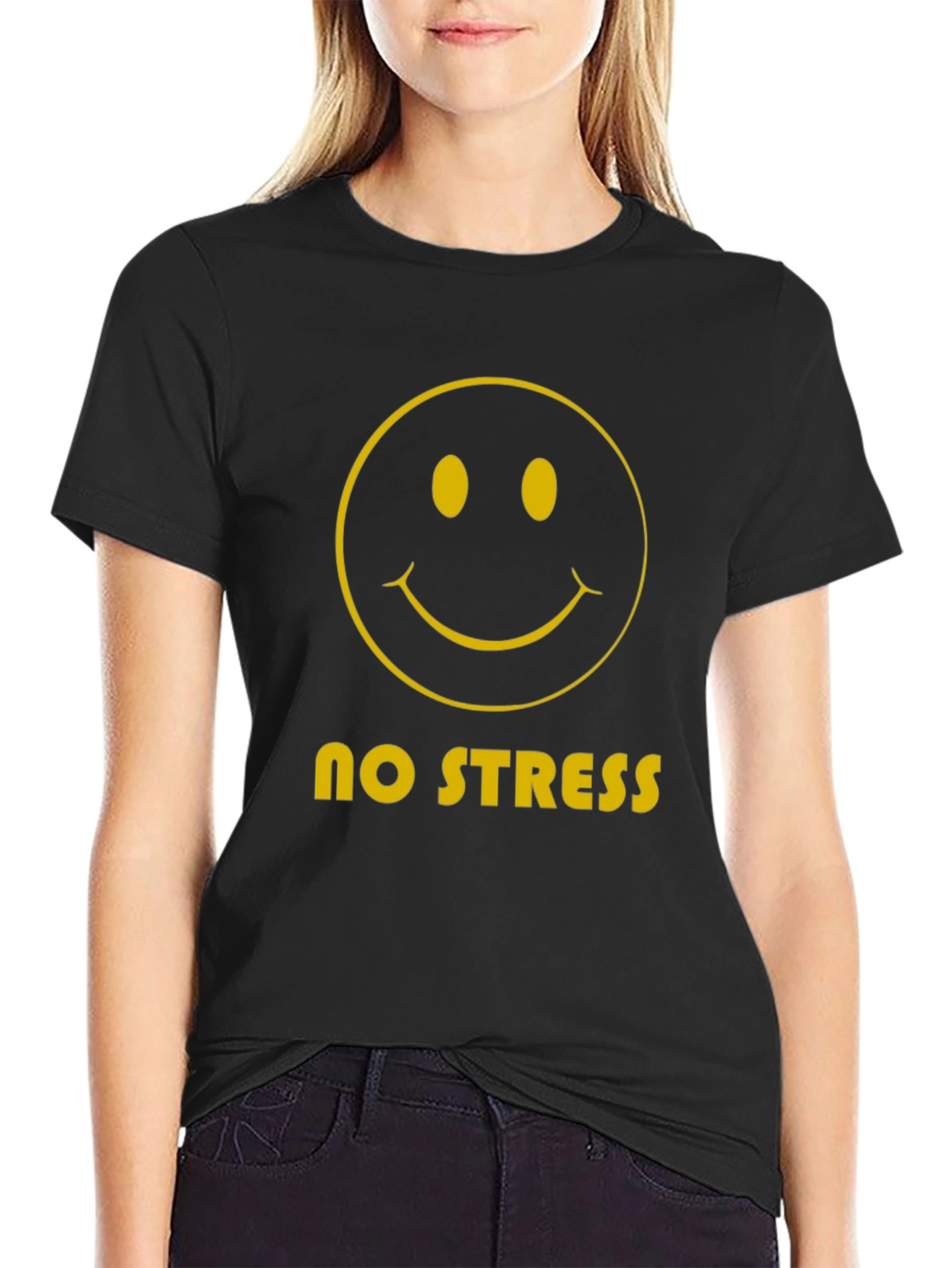 No Stress Smiley Face Graphic Tee - Black