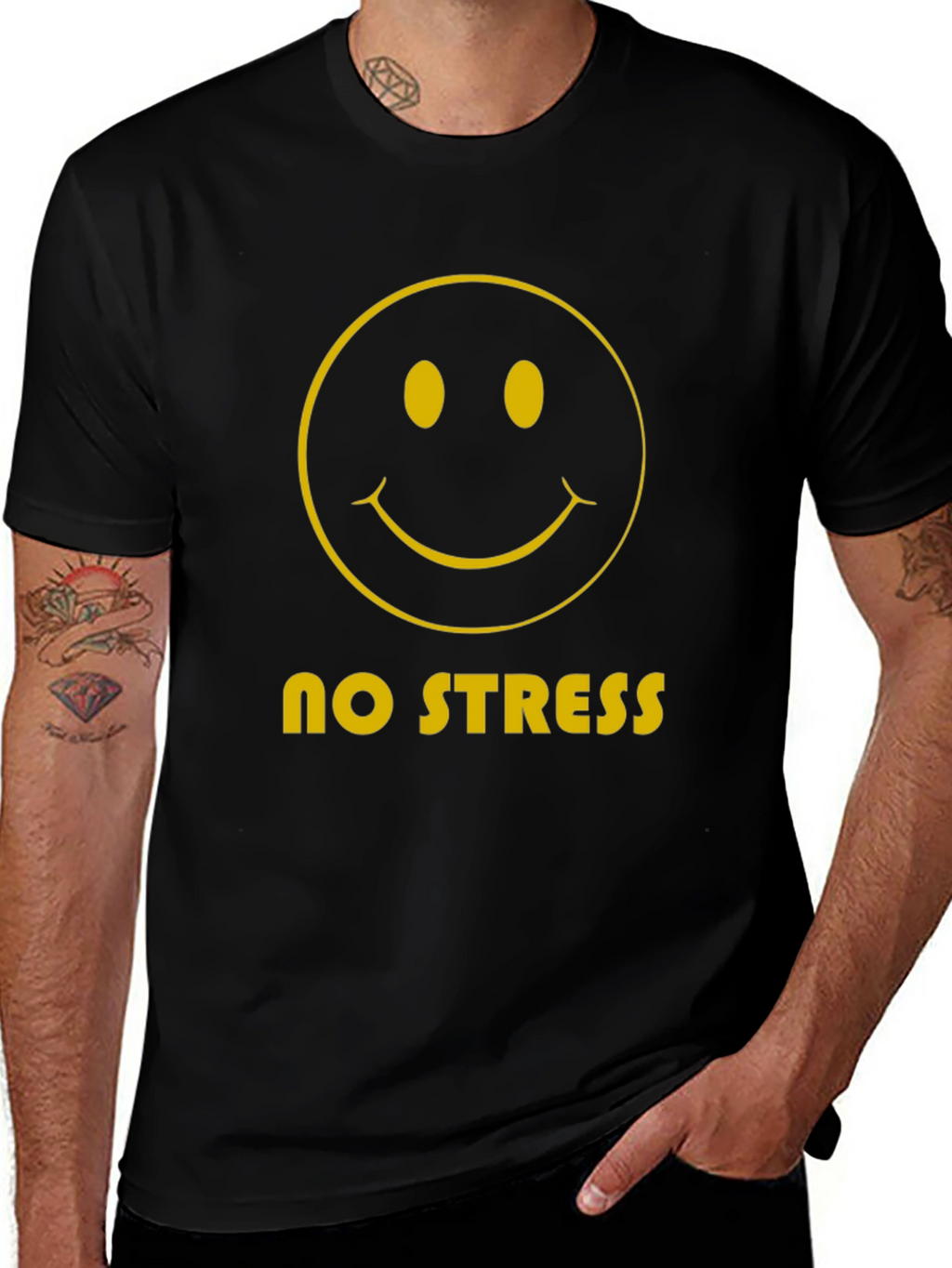 No Stress Smiley Face Graphic Tee - Black
