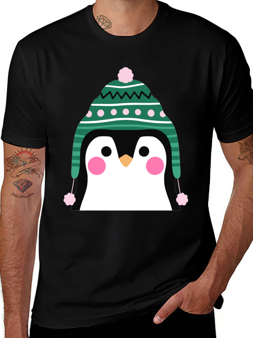 Penguin Winter Hat Graphic Tee - Cute Holiday T-Shirt
