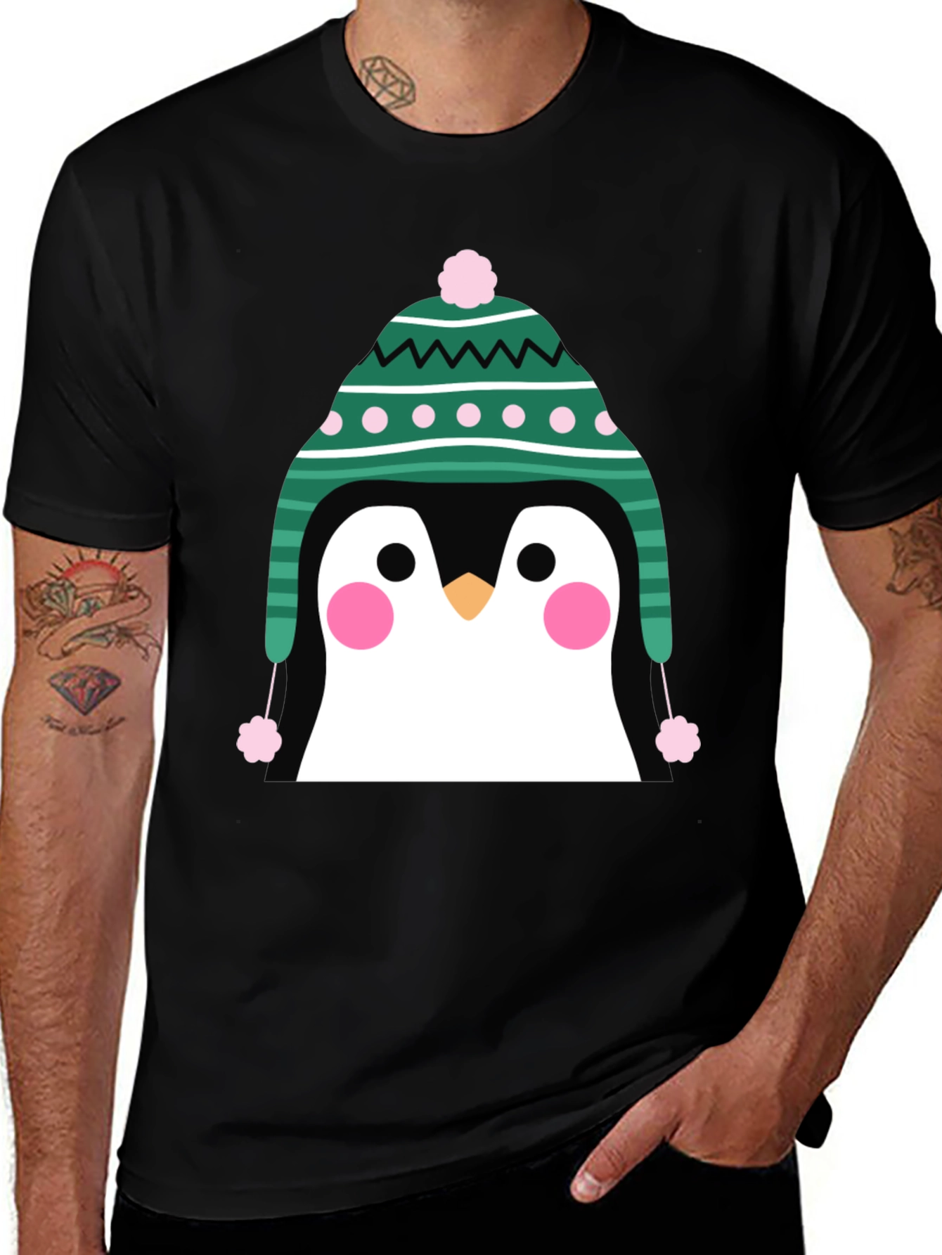 Penguin Winter Hat Graphic Tee - Cute Holiday T-Shirt