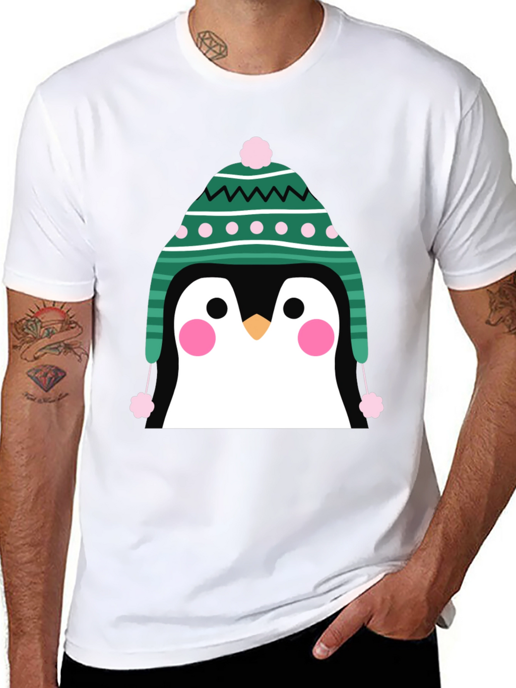 Penguin Winter Hat Graphic Tee - Cute Holiday T-Shirt