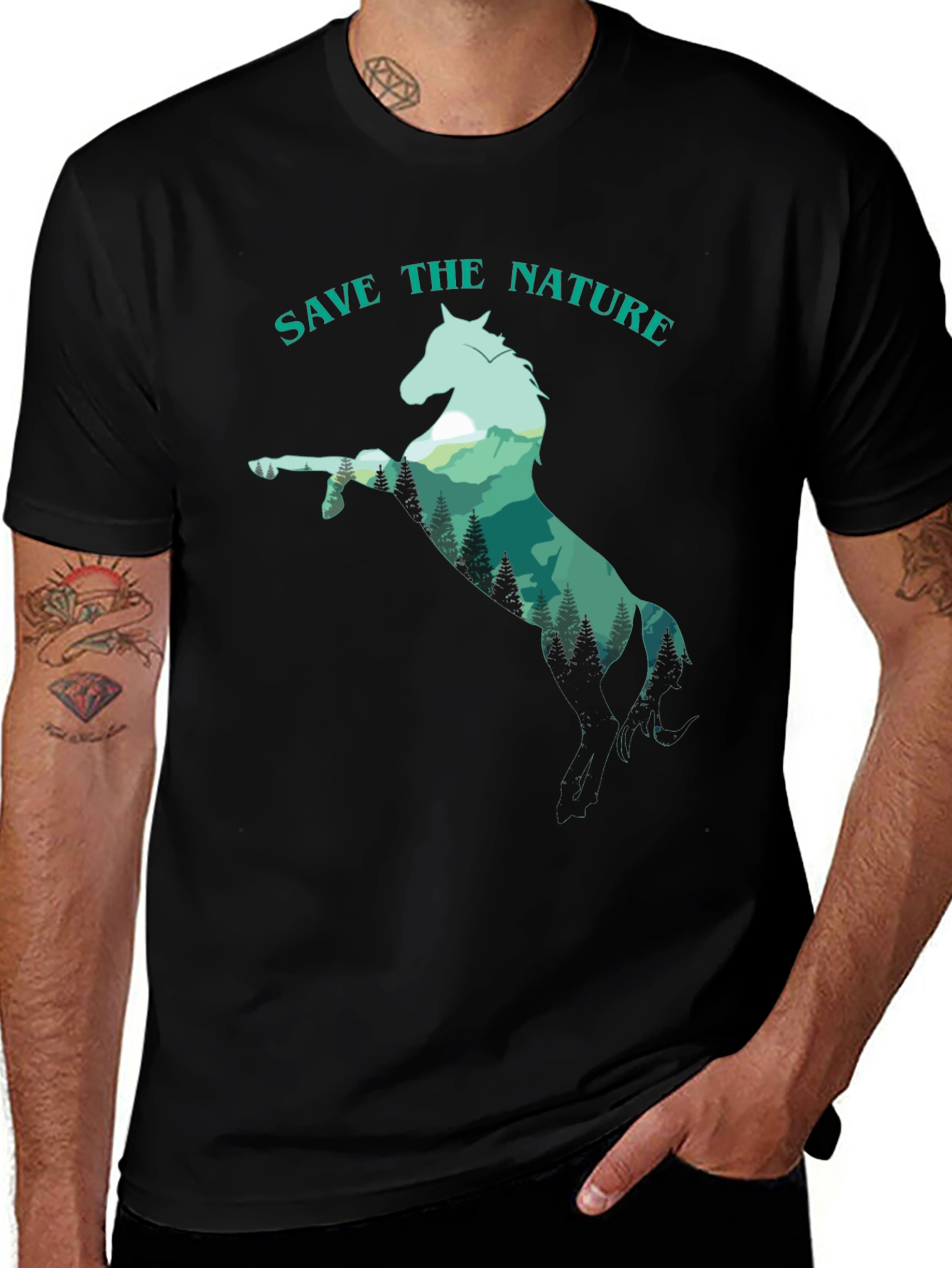 Save the Nature Horse Graphic Tee - Black