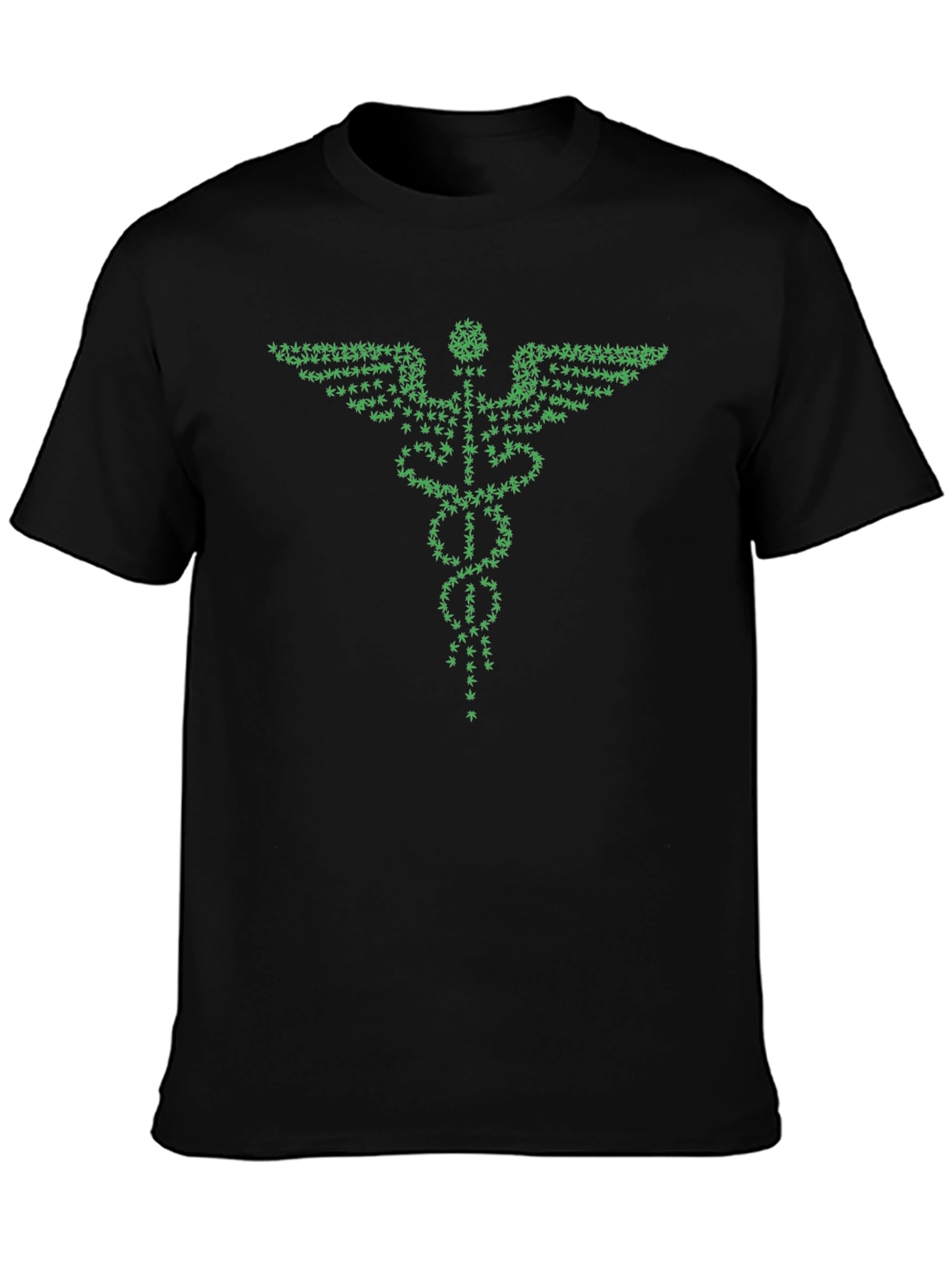 Green Caduceus T-Shirt - Cannabis Leaf Design