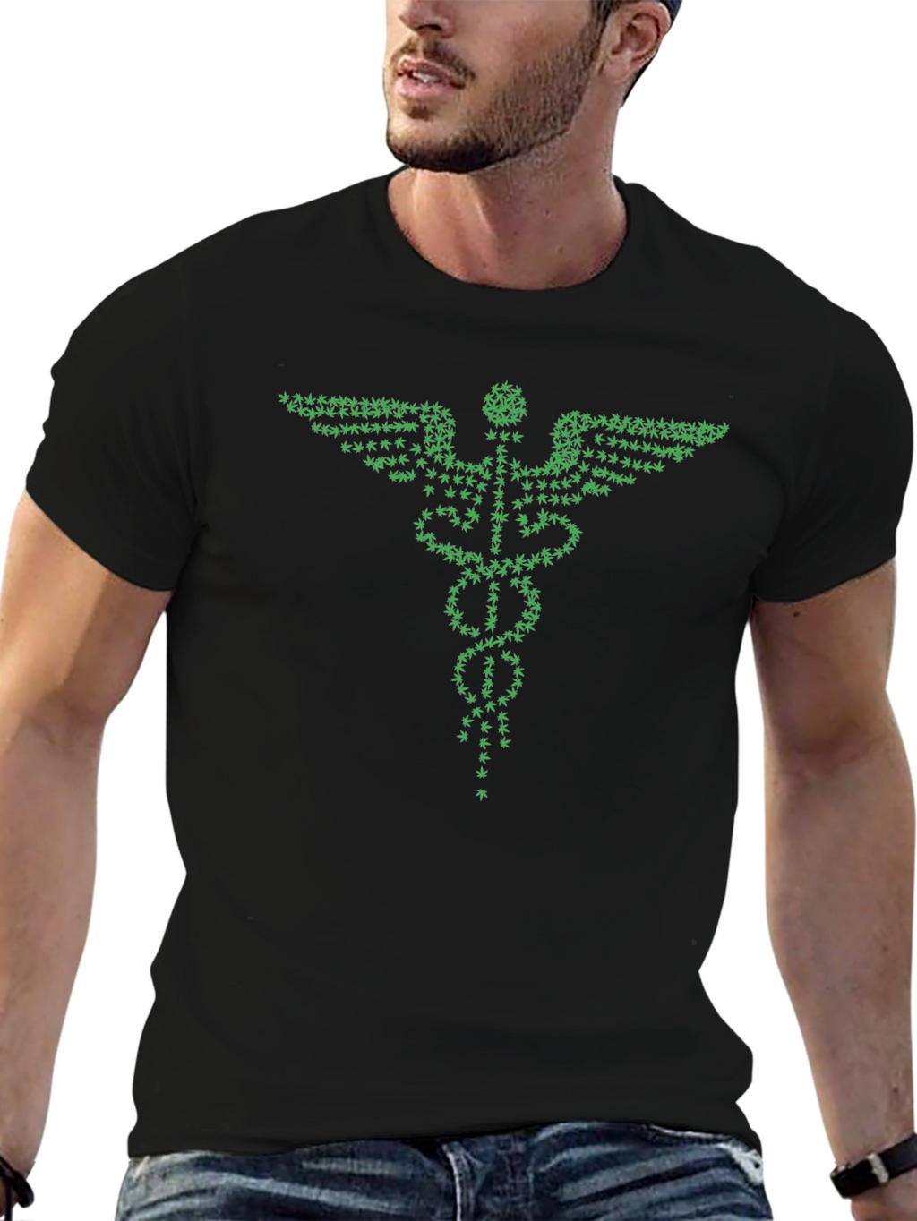 Green Caduceus T-Shirt - Cannabis Leaf Design