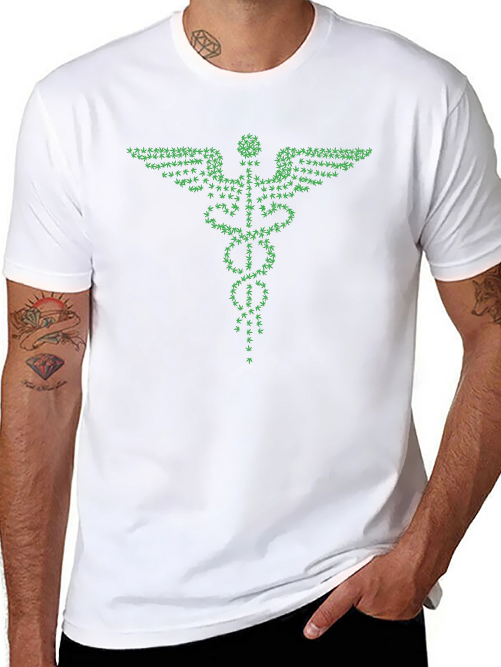 Green Caduceus T-Shirt - Cannabis Leaf Design