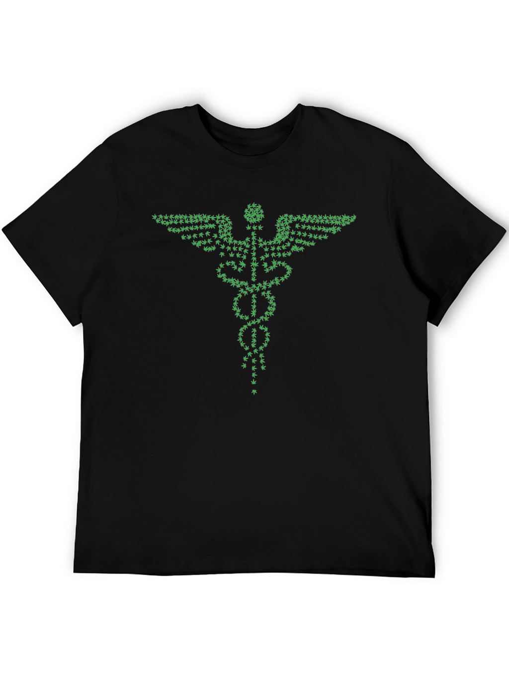 Green Caduceus T-Shirt - Cannabis Leaf Design