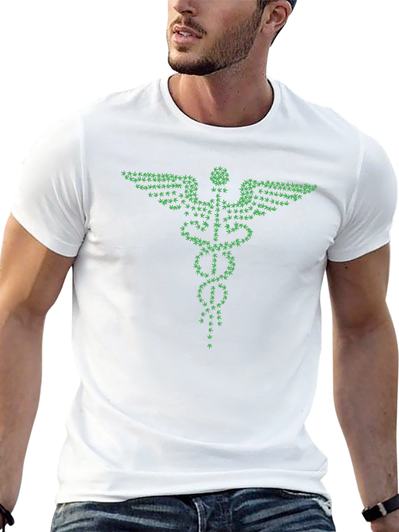 Green Caduceus T-Shirt - Cannabis Leaf Design