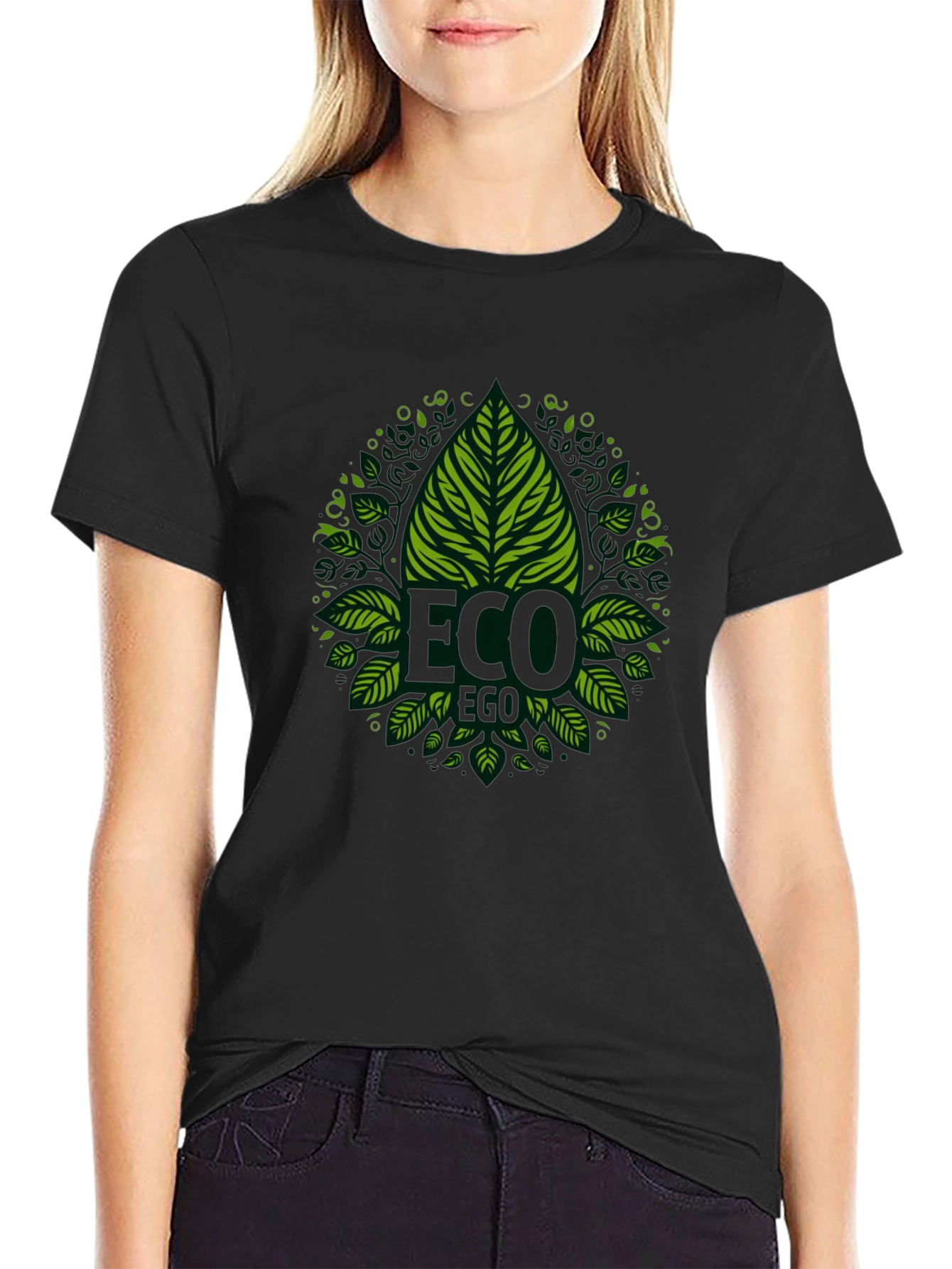 Eco-Friendly Black T-Shirt with Green Leaf Design