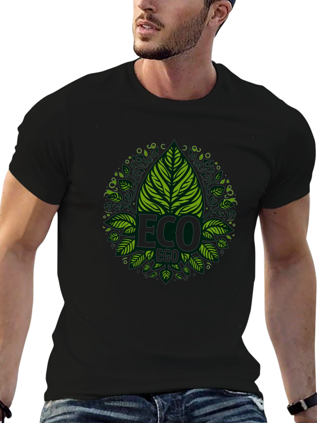 Eco-Friendly Black T-Shirt with Green Leaf Design
