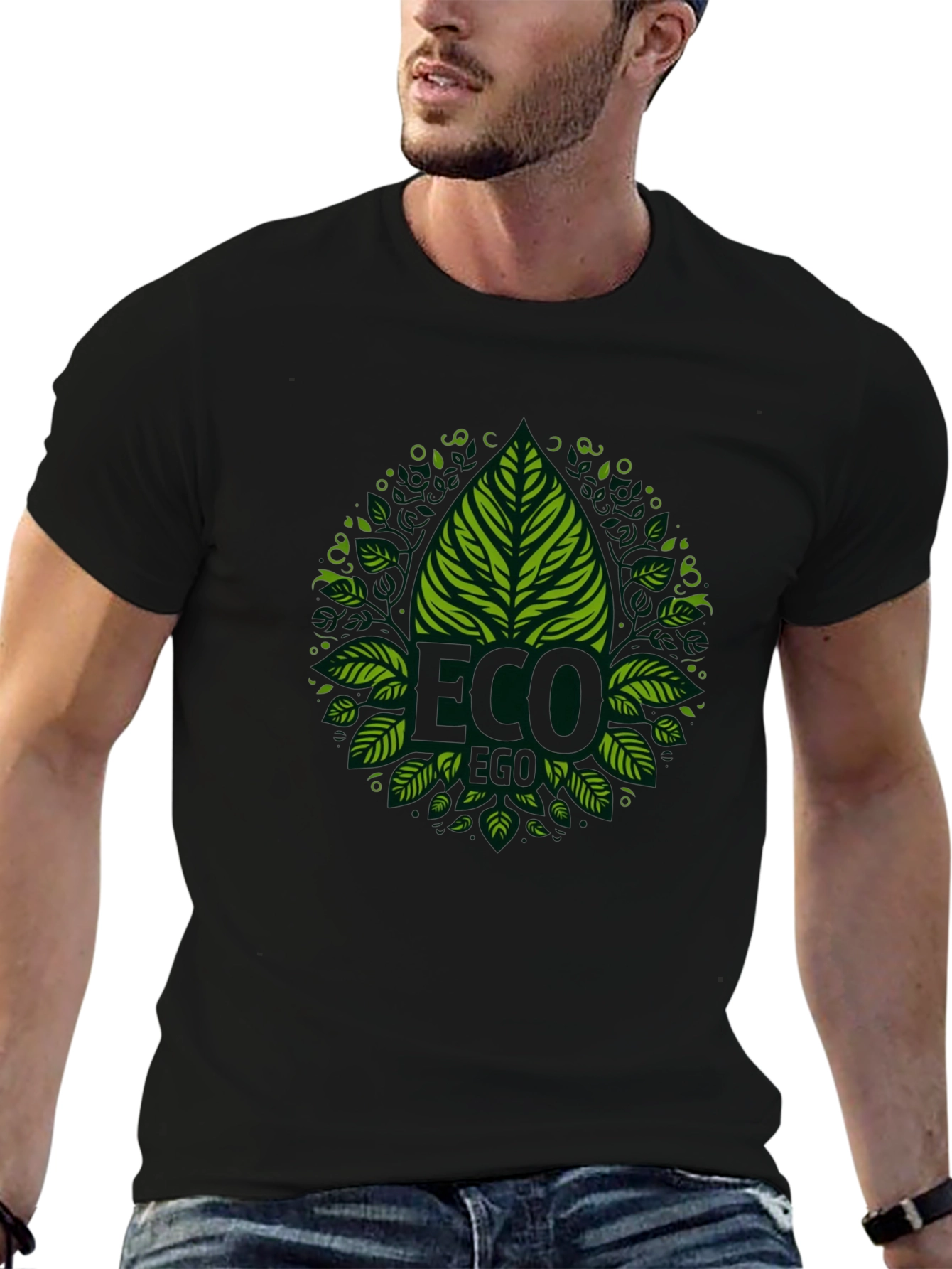 Eco-Friendly Black T-Shirt with Green Leaf Design
