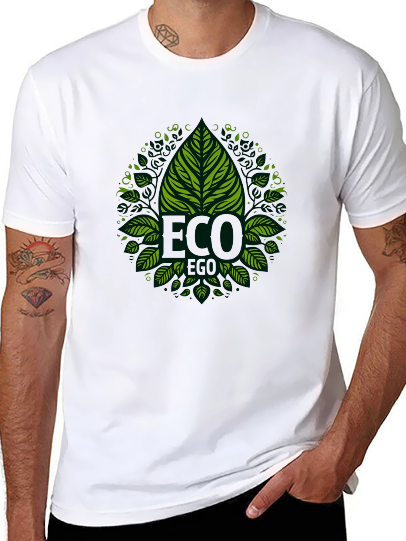 Eco-Friendly Black T-Shirt with Green Leaf Design