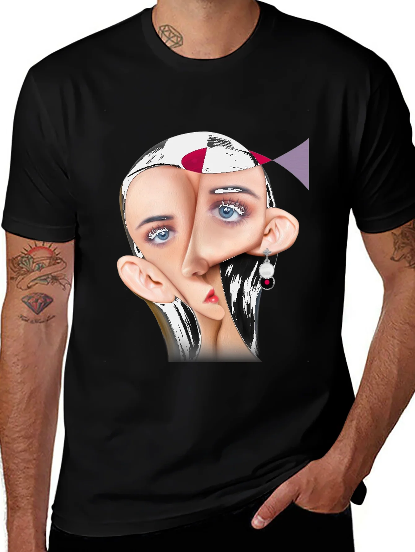 Surreal Face Graphic Print Black Tee