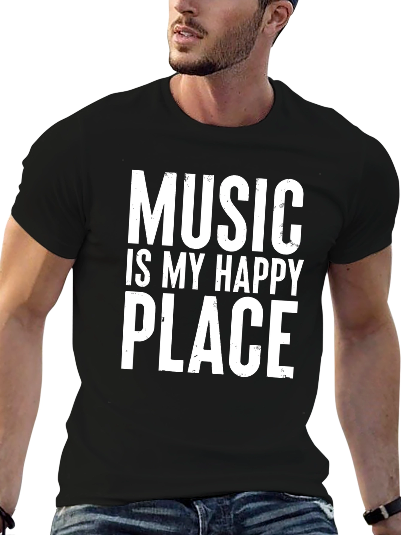 Music Is My Happy Place Black Graphic T-Shirt