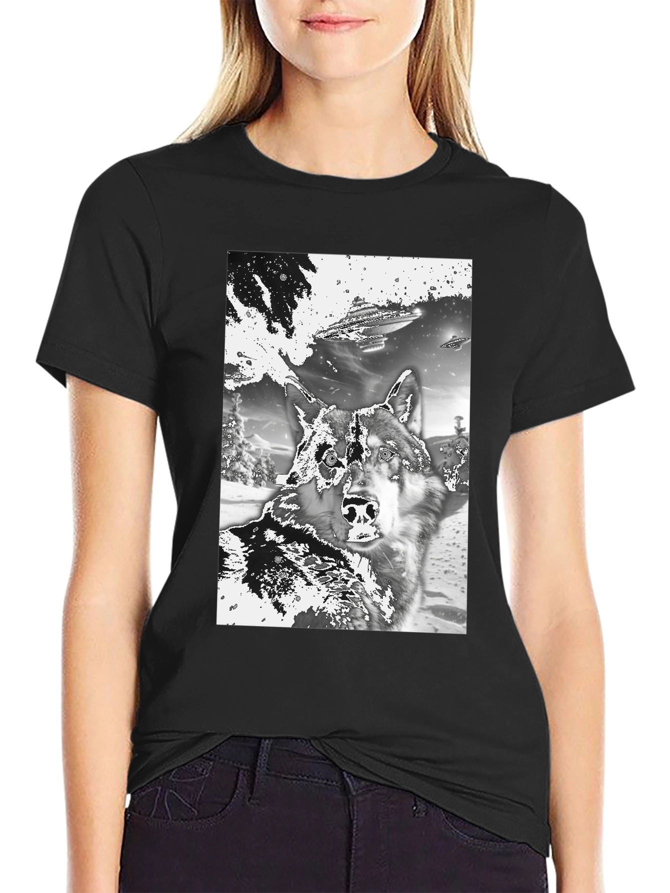 Wolf & UFO Graphic T-Shirt - Black Crew Neck Tee