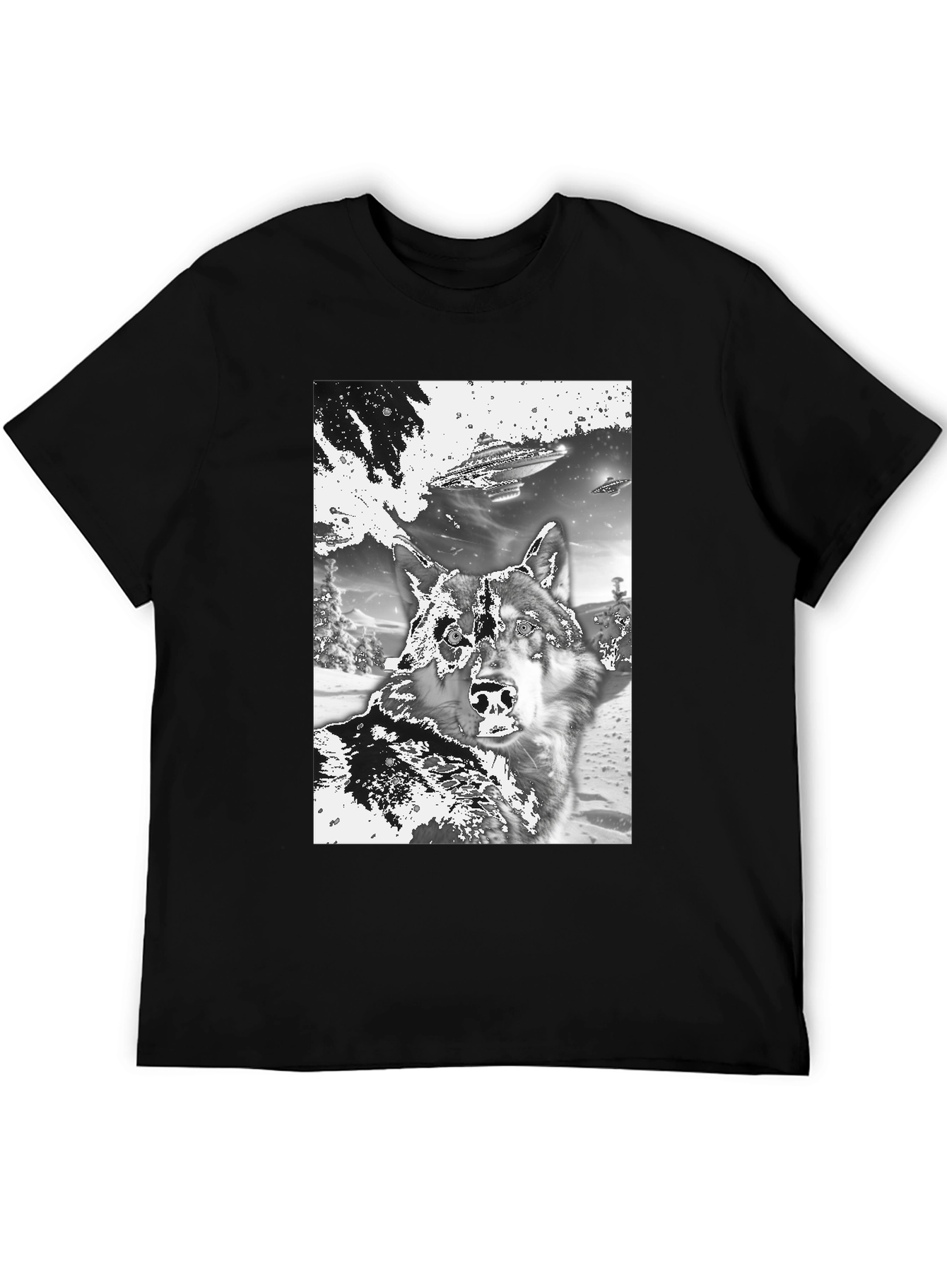 Wolf & UFO Graphic T-Shirt - Black Crew Neck Tee