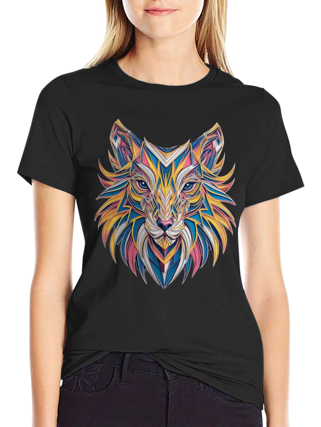 Geometric Fox Graphic Black T-Shirt