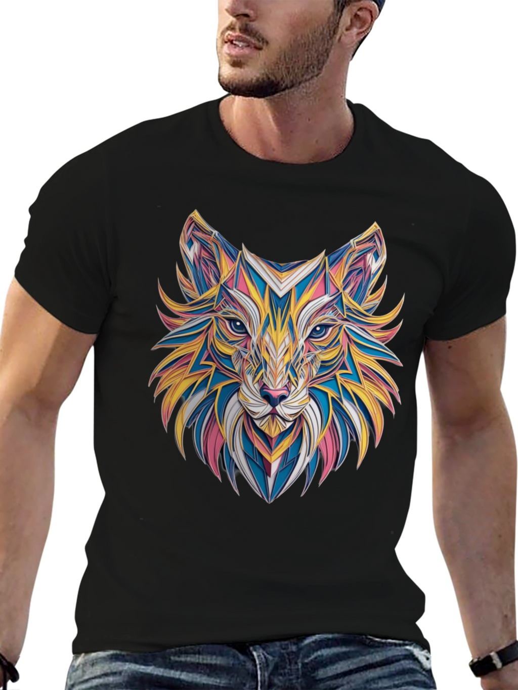 Geometric Fox Graphic Black T-Shirt