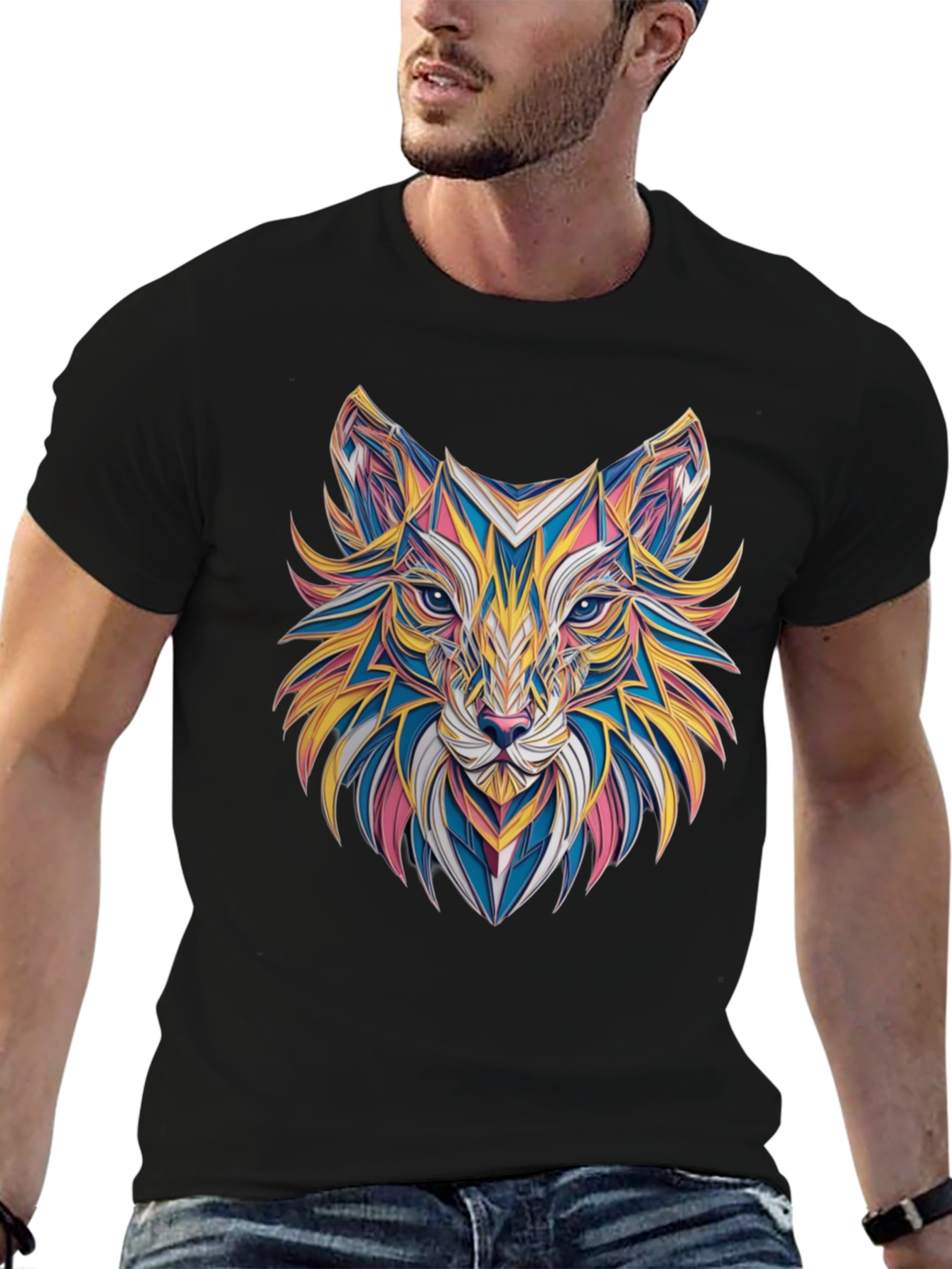 Geometric Fox Graphic Black T-Shirt
