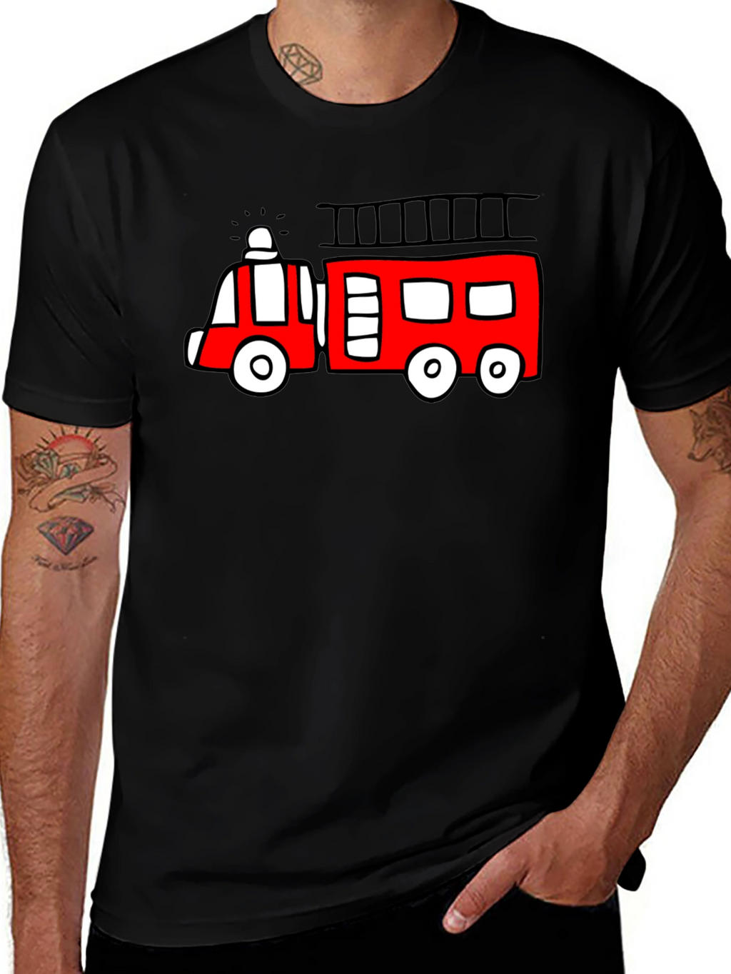 Fire Truck Graphic Tee - Novelty Black T-Shirt