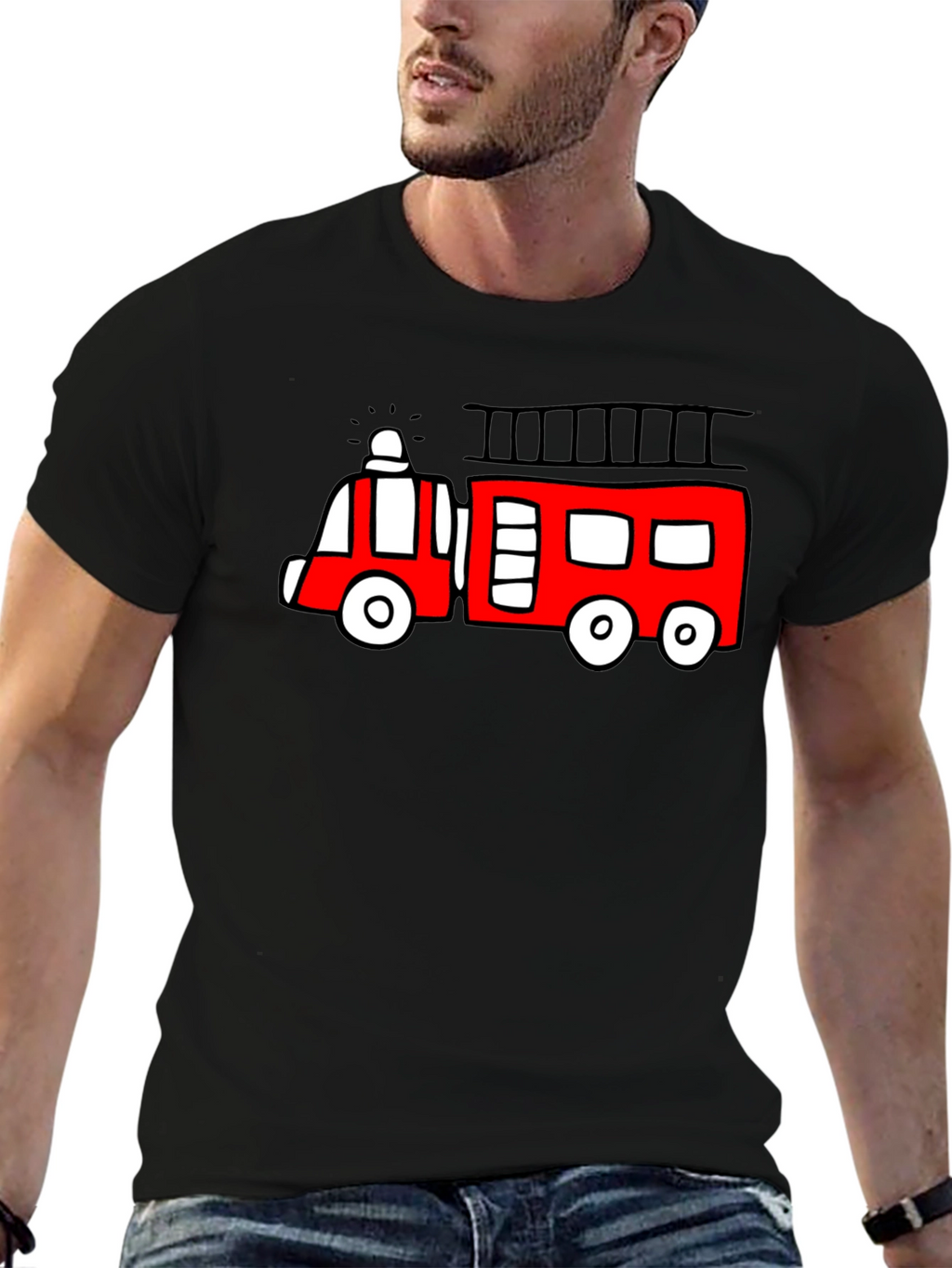 Fire Truck Graphic Tee - Novelty Black T-Shirt