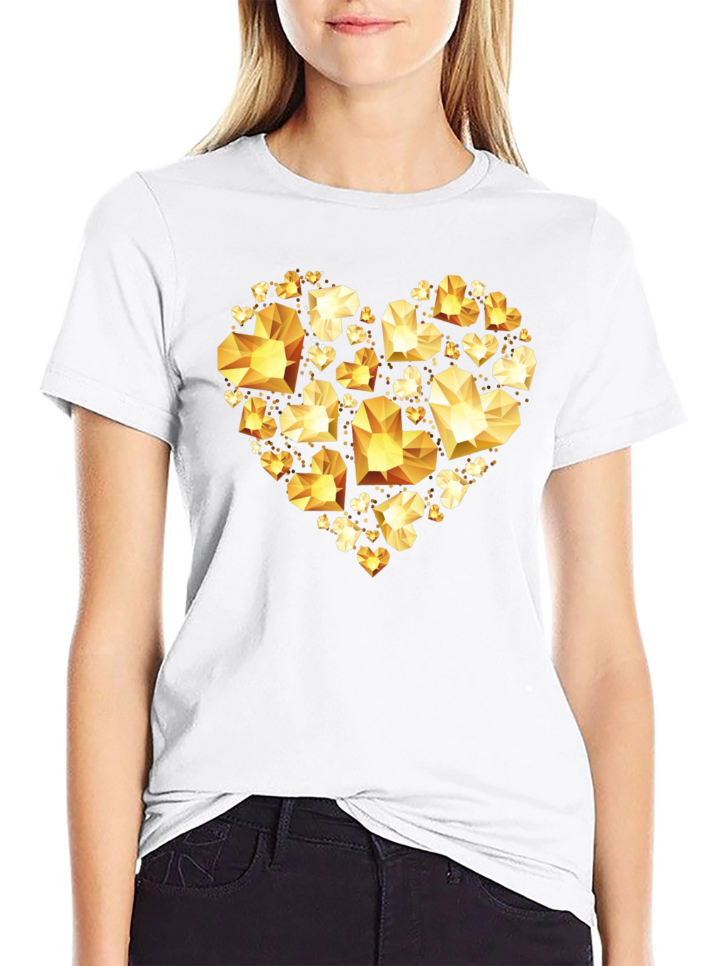 Geometric Gold Heart Graphic Tee - Black Cotton