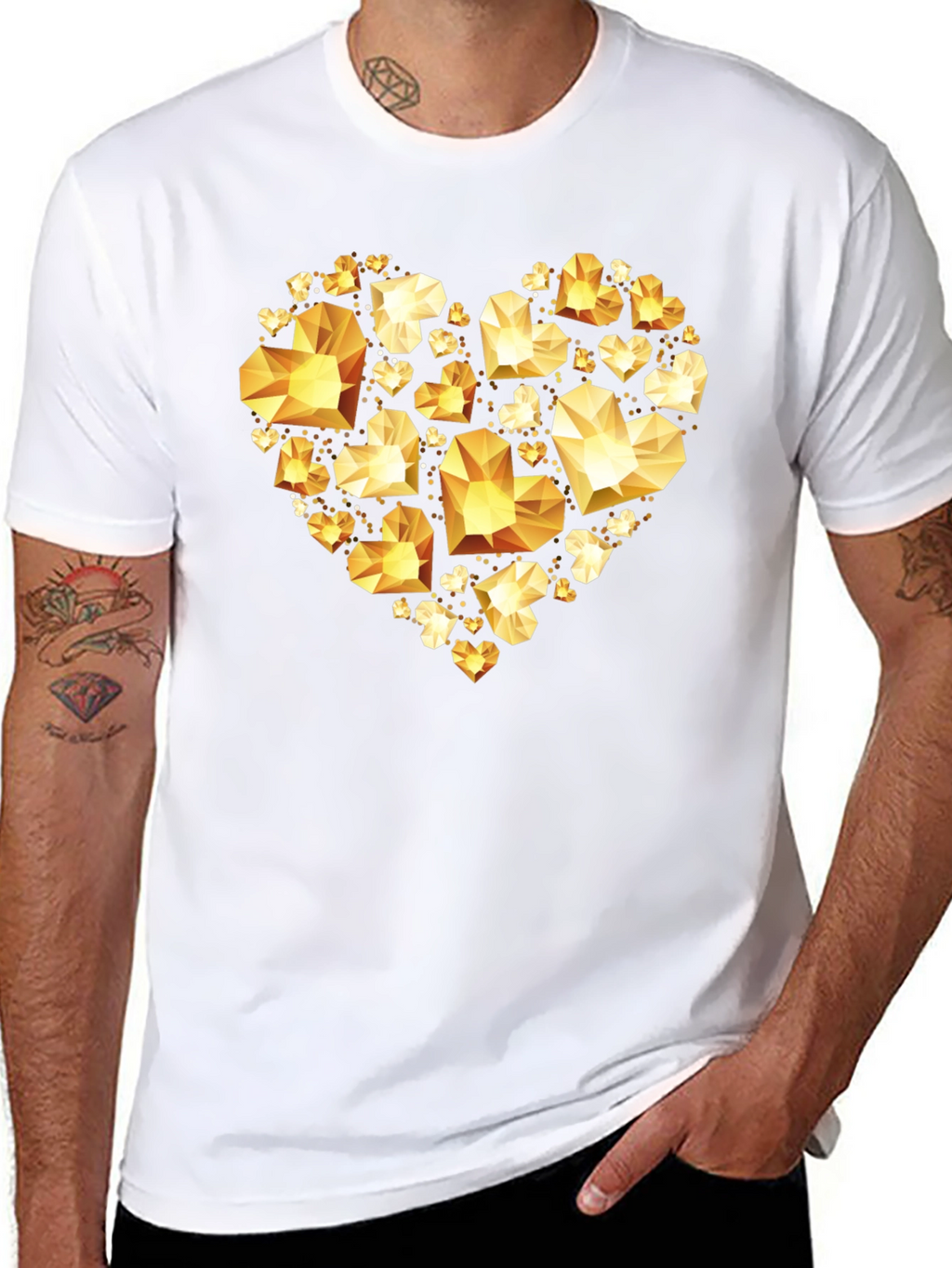 Geometric Gold Heart Graphic Tee - Black Cotton