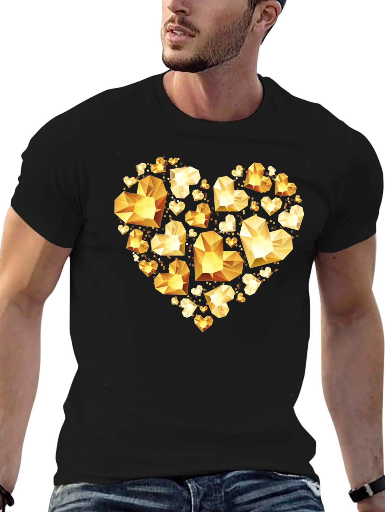 Geometric Gold Heart Graphic Tee - Black Cotton