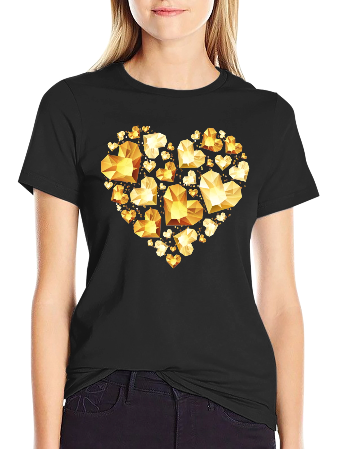 Geometric Gold Heart Graphic Tee - Black Cotton
