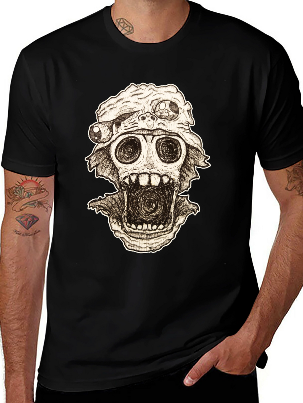 Distorted Horror Skull Graphic Black T-Shirt