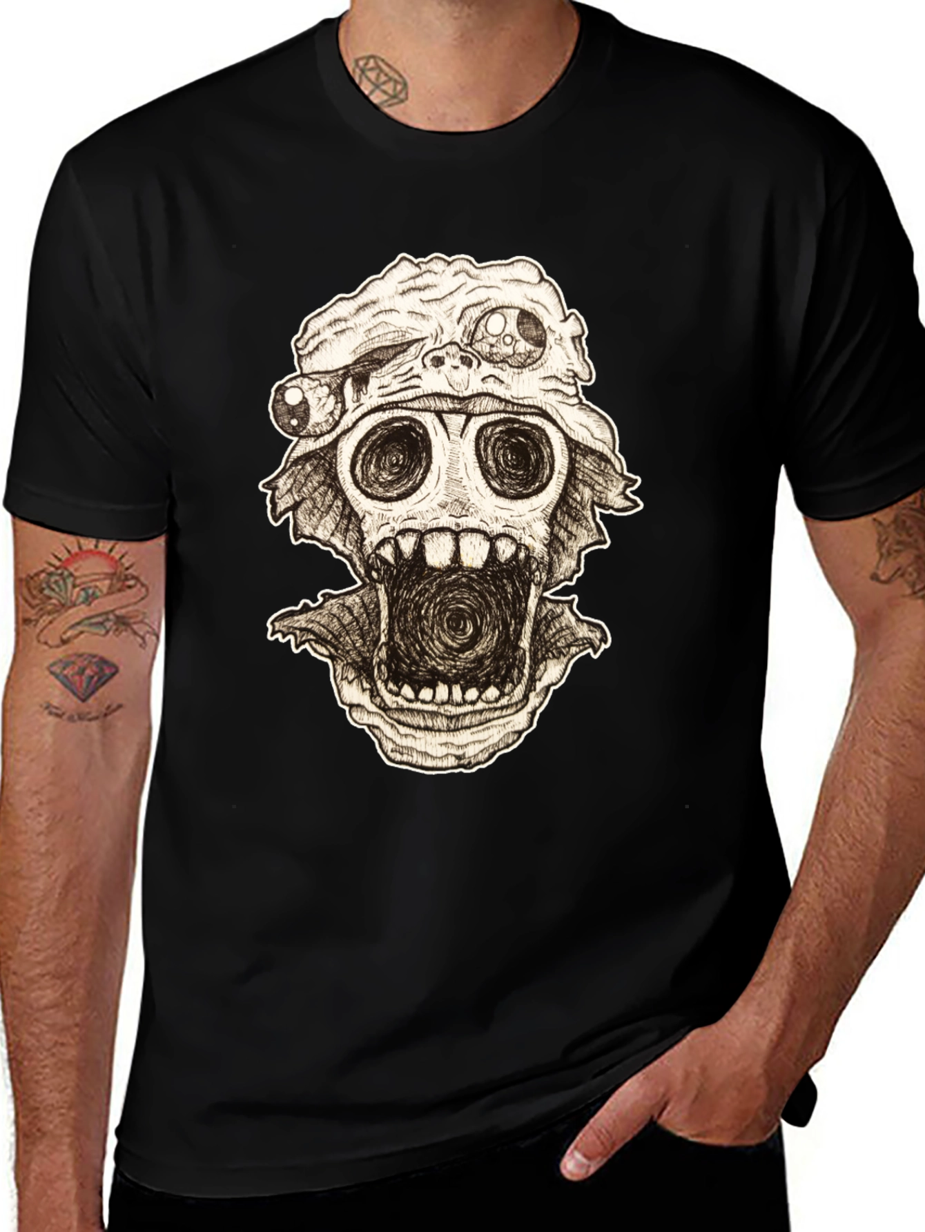 Distorted Horror Skull Graphic Black T-Shirt