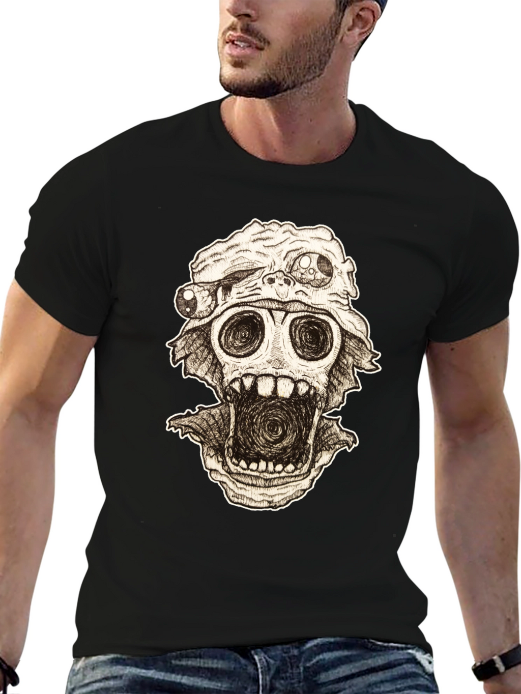 Distorted Horror Skull Graphic Black T-Shirt
