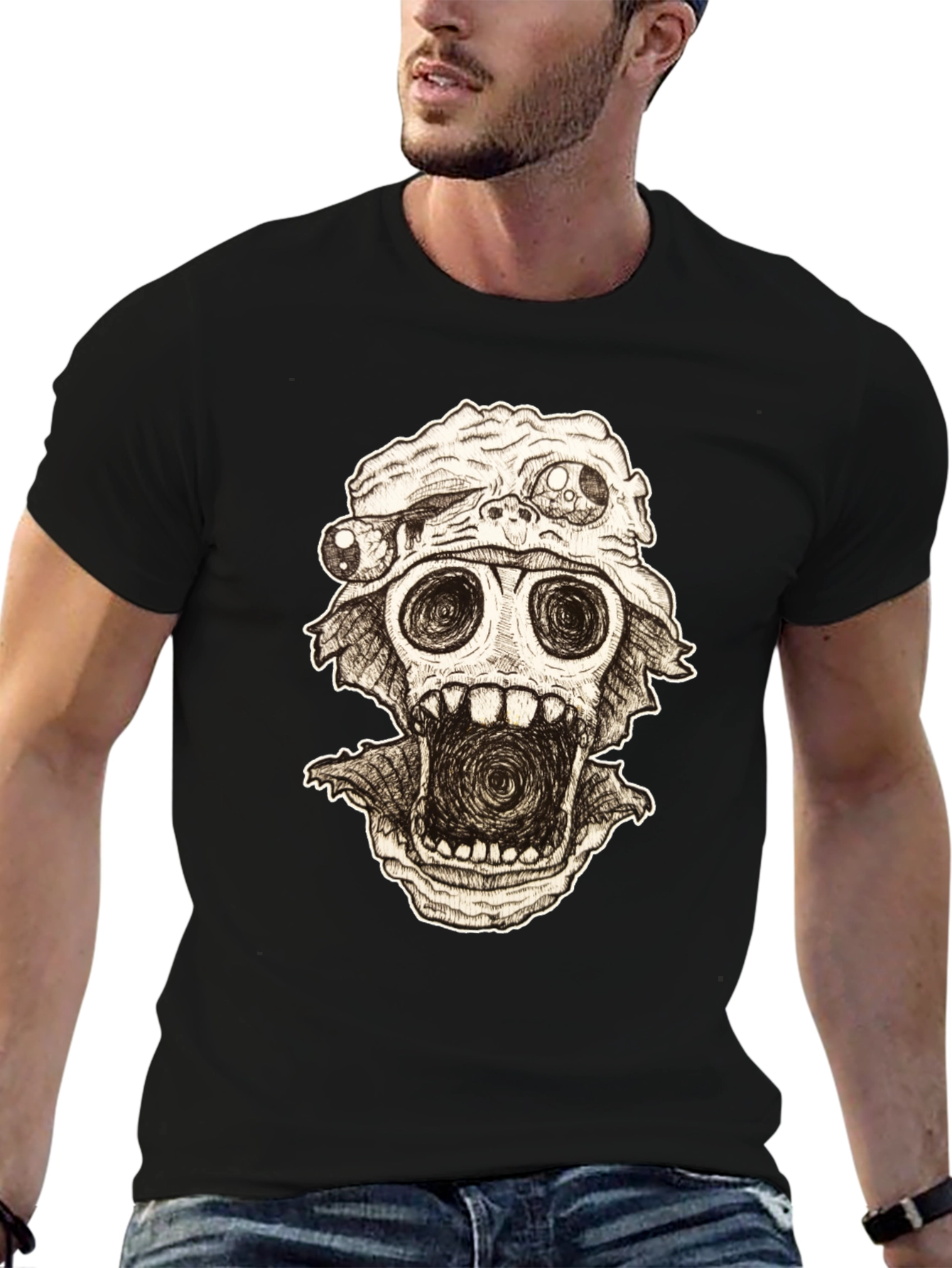 Distorted Horror Skull Graphic Black T-Shirt