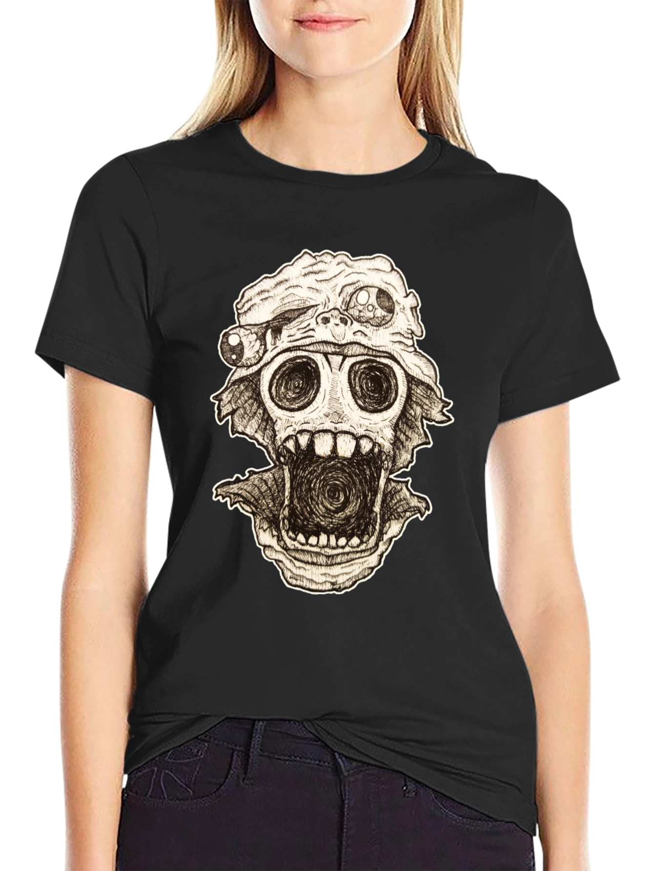 Distorted Horror Skull Graphic Black T-Shirt