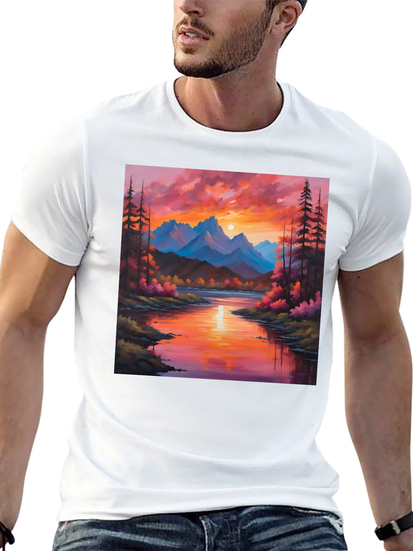 Sunset Mountain River Painting Graphic Tee